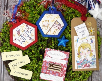 July Surprise pack KIT - 2 Hexagon ornament Embroidery art tag hexie needle minder patriotic 4th of july