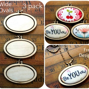 3 Mini Hoop Wide Oval Pendant Embroidery Blanks Frame Necklace Craft Supply Jewelry wood image 1