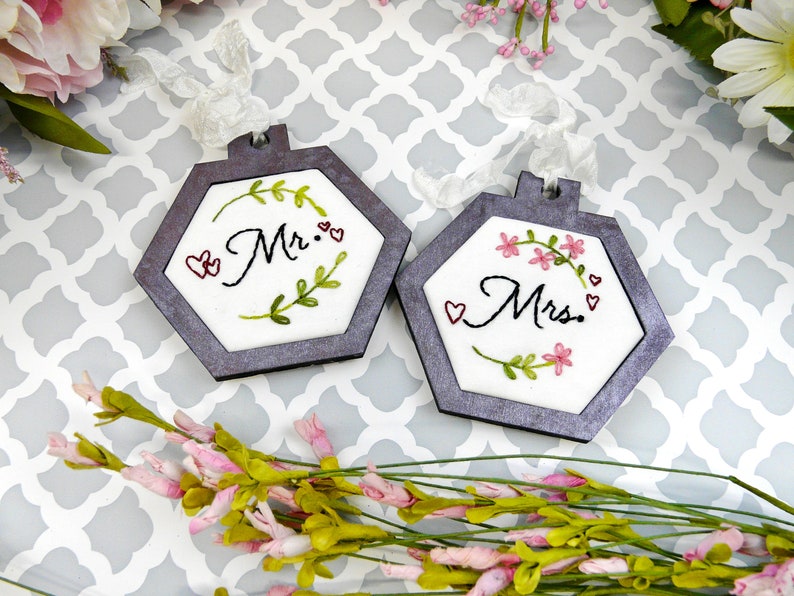 June pack 2 Hexagon ornament Embroidery wedding mr mrs image 1