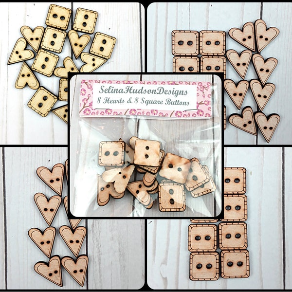 16 Buttons of hearts &  squares - Cute, Happy, Adorable wood supply supplies sewing
