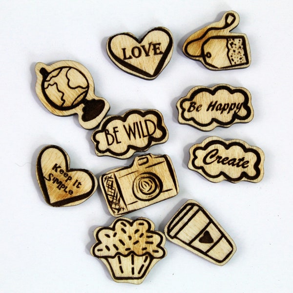 Kawaii wooden Pieces - choose from 10 different - wood Craft Supply camera coffee