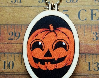 Halloween pumpkin Tall oval mini hoop Pendant Necklace - Jewelry Chain Fabric