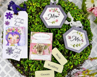 June Surprise pack KIT - 2 Hexagon ornament Embroidery art tag hexie needle minder wedding mr mrs