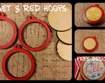3 Red Mini Hoop Pendant Embroidery Blanks - wood Frame Necklace Craft Supply Jewelry