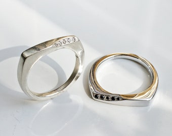 Elegante Silber Ring, Silber Ring mit schwarzen Diamanten, einzigartige Silber Ring mit schwarzen Steinen, geometrische Ring mit Edelstein, geometrische Ring