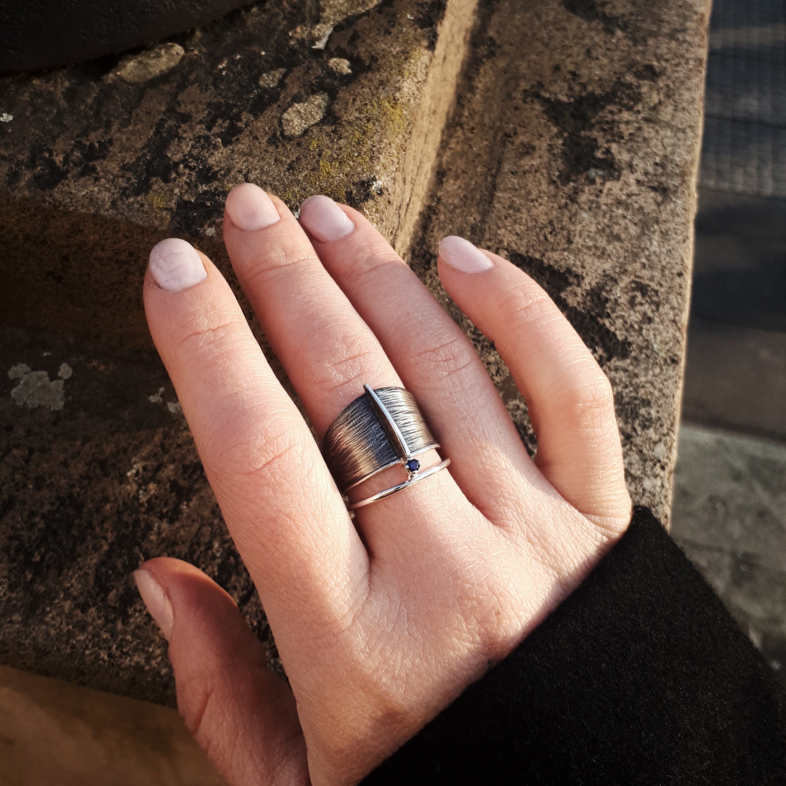 Silver Ring, Oxidized Silver Ring, Ring with CZ,Black Ring,Unisex Ring,Men's Ring, Double Ring,Contemporary Silver Ring,Modern Ring,Sapphire