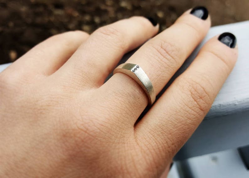 Unisex Ring, Geometric Mens Ring, Black Diamonds Silver Ring, Modern Ring, Simple Band, Silver Wedding Band, Minimalist Ring, Stackable Ring image 4