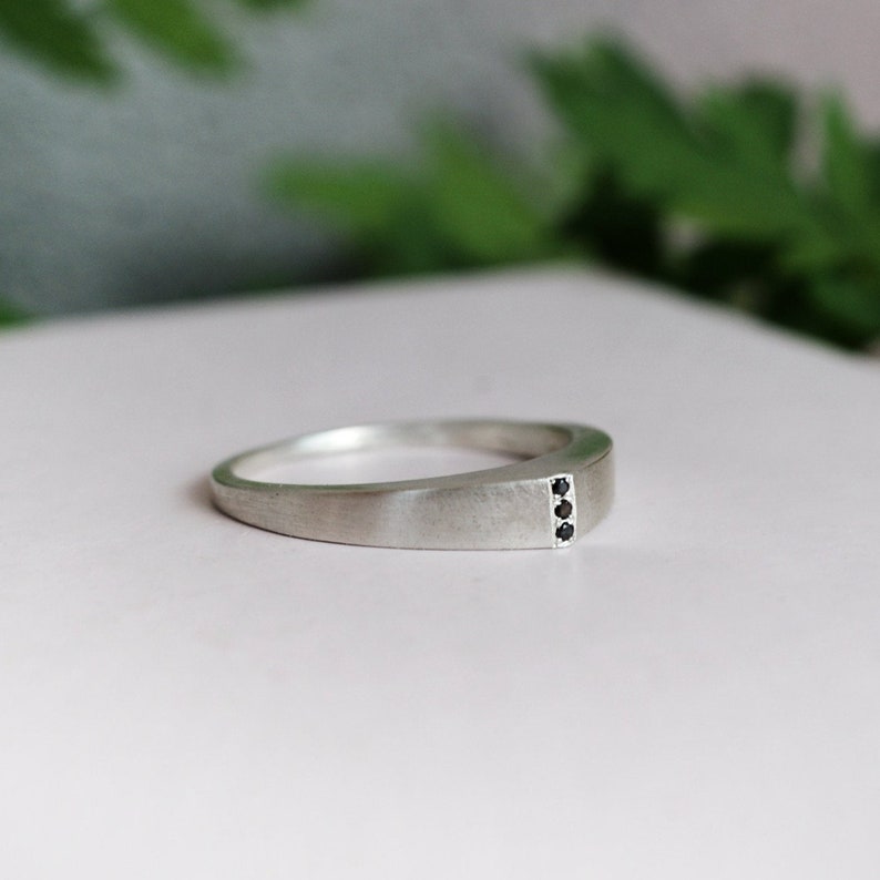 Unisex Ring, Geometric Mens Ring, Black Diamonds Silver Ring, Modern Ring, Simple Band, Silver Wedding Band, Minimalist Ring, Stackable Ring image 1