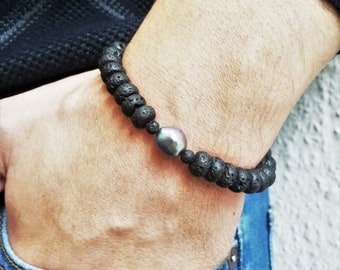 Men's Pearl Bracelet for Men Black Pearl Bracelet Lava and Pearl Jewelry for Men Tahitian Pearl Bracelet Lava Stone Bracelet