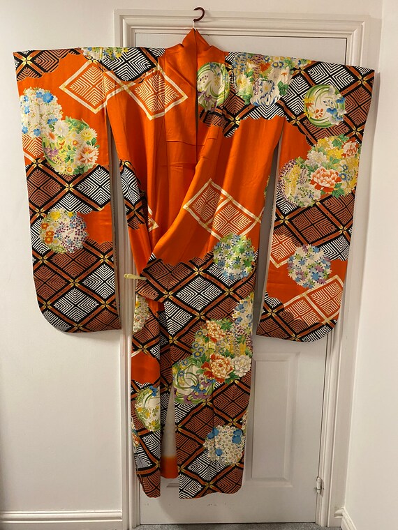 Orange embroidery floral Silk furisode