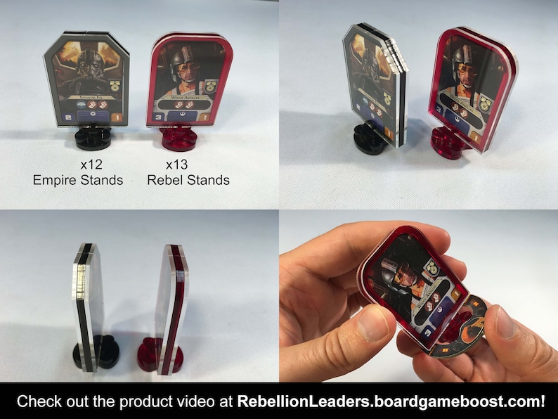 May include: Two sets of acrylic character stands for the Star Wars: Rebellion board game. The stands are clear with black and red accents. The stands are designed to hold character cards. There are 12 Empire stands and 13 Rebel stands.