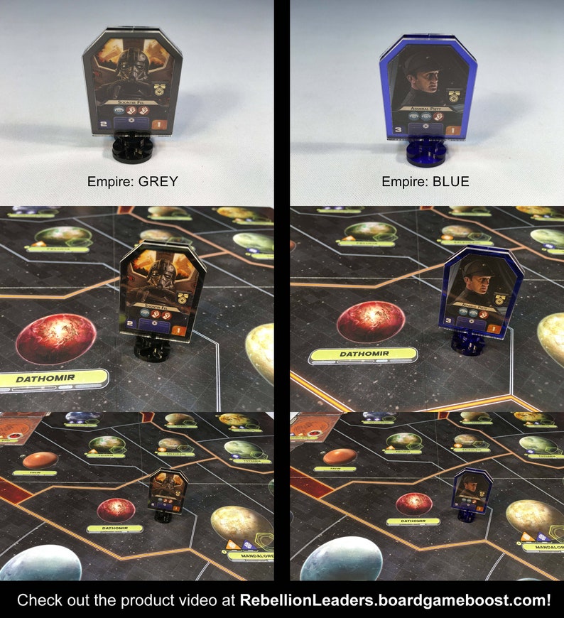 May include: Two Star Wars Rebellion game pieces, one with a grey base and one with a blue base. Both pieces feature a character from the Star Wars universe. The pieces are on a game board with a red planet in the background.