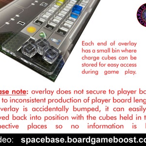 Op de afbeelding: Een close-up van een transparante plastic overlay voor een bordspel. De overlay heeft aan beide uiteinden een kleine bak om laadkubussen op te bergen. De tekst "Let op: de overlay is niet bevestigd aan het speelbord vanwege inconsistente productie van speelbordlengtes. Als de overlay per ongeluk wordt gestoten, kan deze gemakkelijk terug op zijn plaats worden gezet met de kubussen die op hun respectievelijke plaatsen worden gehouden, zodat er geen informatie verloren gaat." is zichtbaar op de afbeelding. De tekst "Video: spacebase.boardgameboost.com" is ook zichtbaar op de afbeelding.
