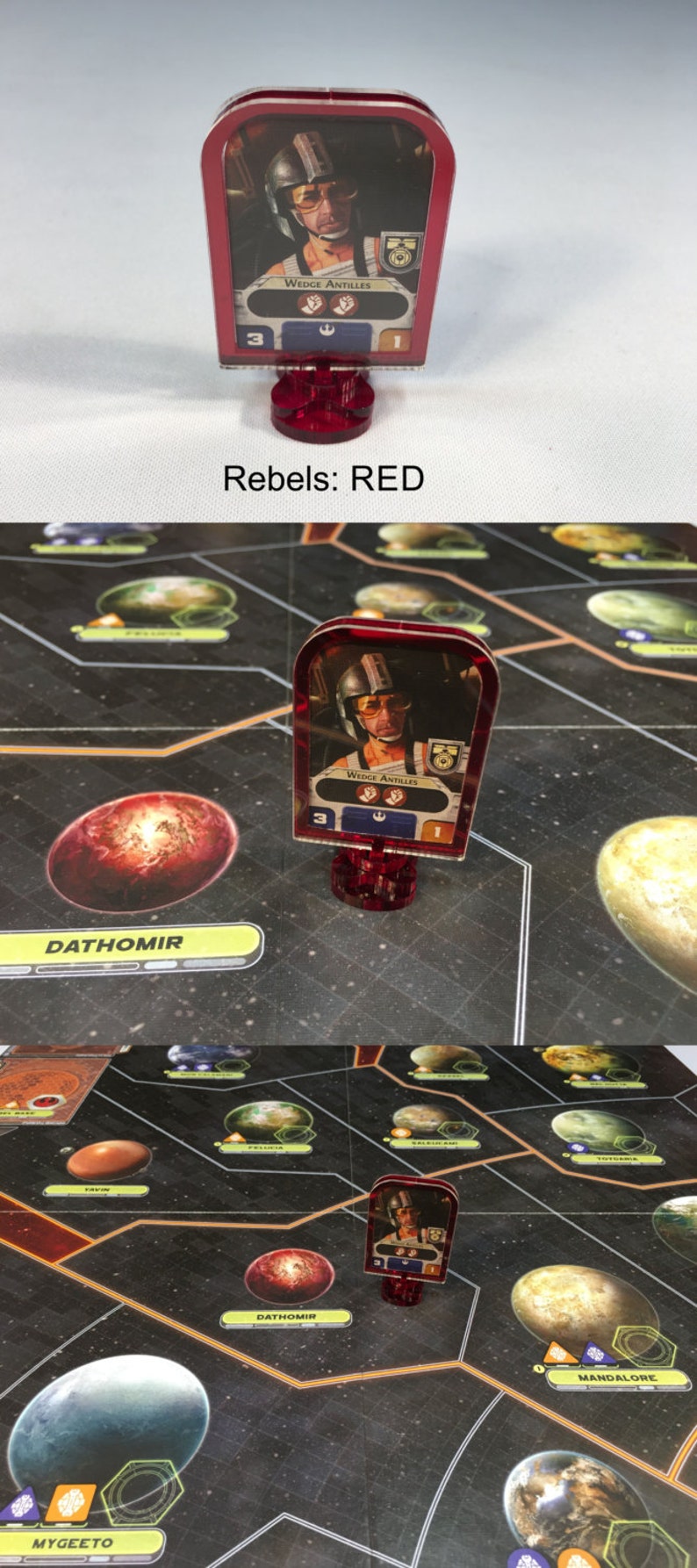 May include: A red plastic game piece with a clear plastic card featuring a picture of Wedge Antilles. The card has the text "WEDGE ANTILLES" and the number "3". The game piece is on a black and white game board with a red planet in the background.