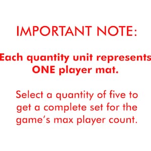 Op de afbeelding: Rode tekst op een witte achtergrond met de woorden "BELANGRIJK:"  "Elke hoeveelheidseenheid staat voor &Eacute;&Eacute;N spelersmat."  "Selecteer een hoeveelheid van vijf om een complete set te krijgen voor het maximale aantal spelers van het spel."