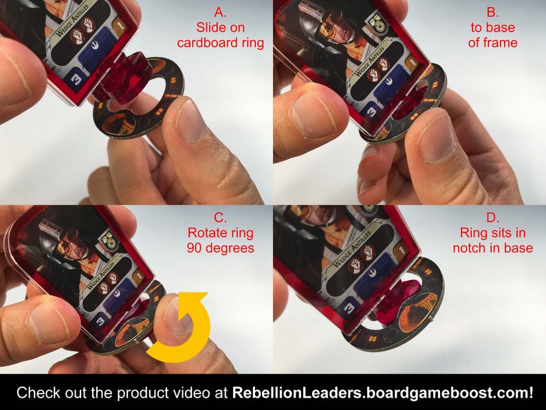 May include: A close-up of a red and black plastic card holder with a cardboard ring. The card holder is designed to hold a card game card. The card holder is shown in four different positions, demonstrating how to use it. The text on the card reads "Wedge Antilles".