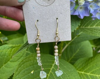 Raw aquamarine bead earring with fossil coral