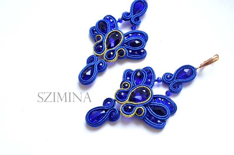 Blue earrings Blue soutache earrings Blue silver earrings Crystals earrings Gift for her