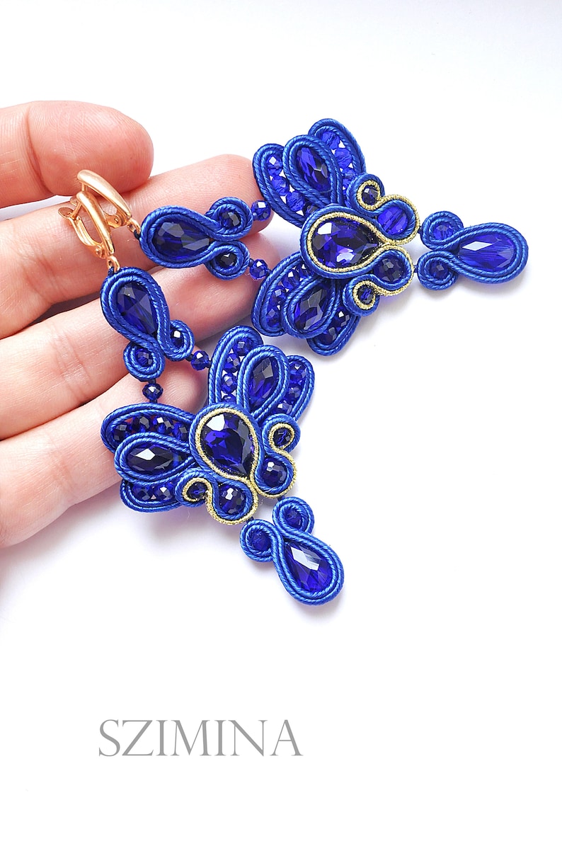 Blue earrings Blue soutache earrings Blue silver earrings Crystals earrings Gift for her