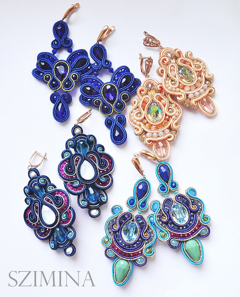 Blue earrings Blue soutache earrings Blue silver earrings Crystals earrings Gift for her
