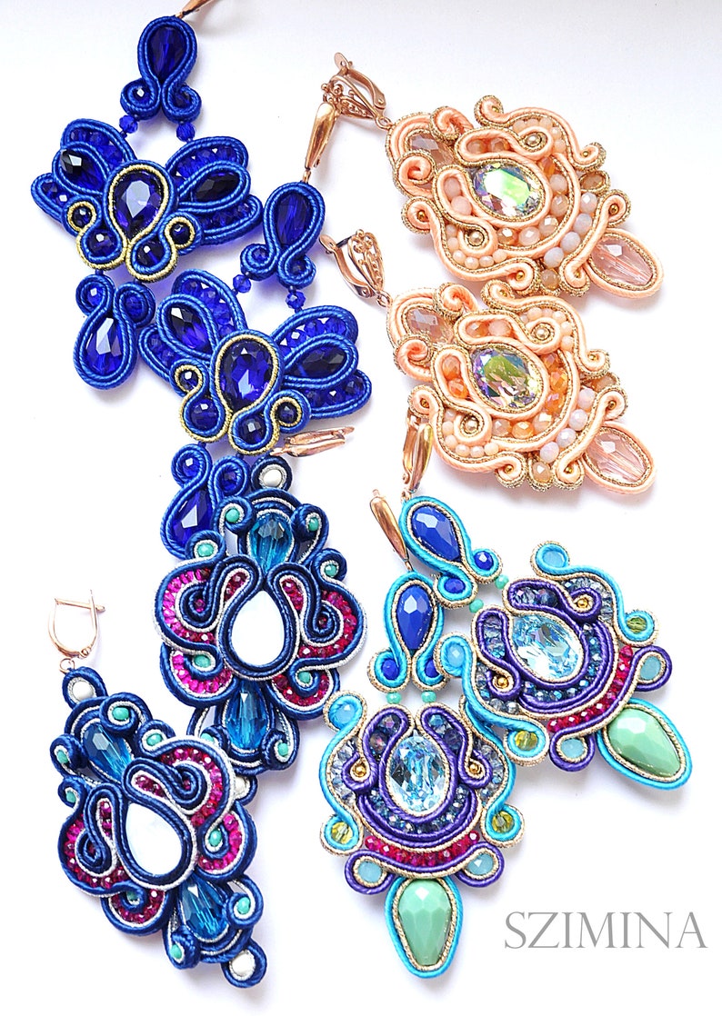 Blue earrings Blue soutache earrings Blue silver earrings Crystals earrings Gift for her