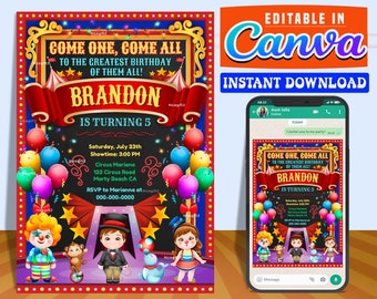 Carnival Circus party digital birthday party invitation EDITABLE on CANVA, Carnival Circus invitation instant download, design New 2023 N. 2