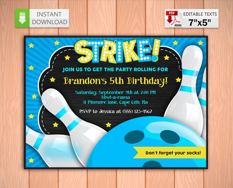 Printable Invitation Bowling Party Boy in PDF With Editable Etsy