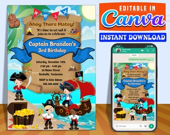 Pirate Boy digital birthday party invitation EDITABLE on CANVA, Boys Pirates invitation instant download, design New 2023