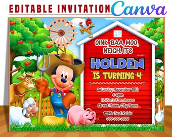 Mickey Farmer party digital birthday invitation EDITABLE on CANVA, Mickey Farmer party invite Canva, instant download, design New 2023