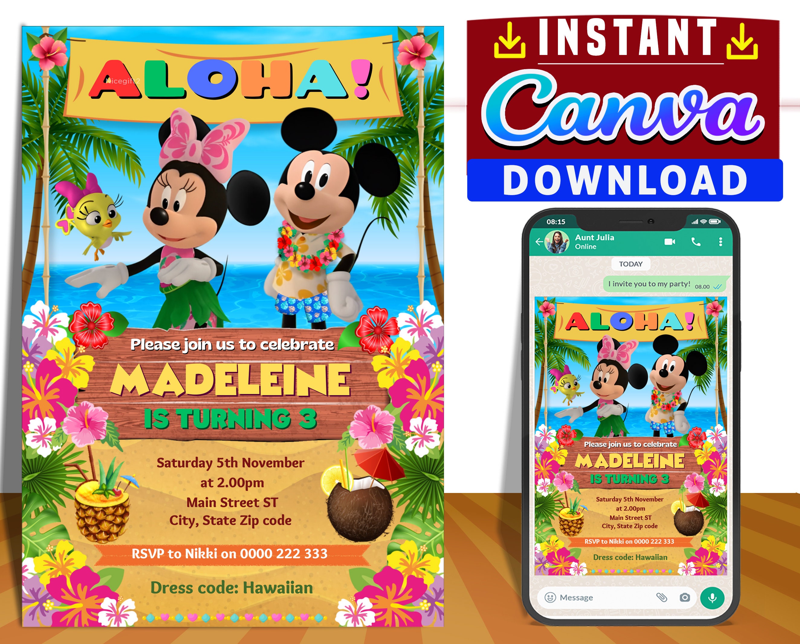 Mickey and Minnie Luau party digital birthday invitation EDITABLE on CANVA Mickey Luau party invite Canva instant download