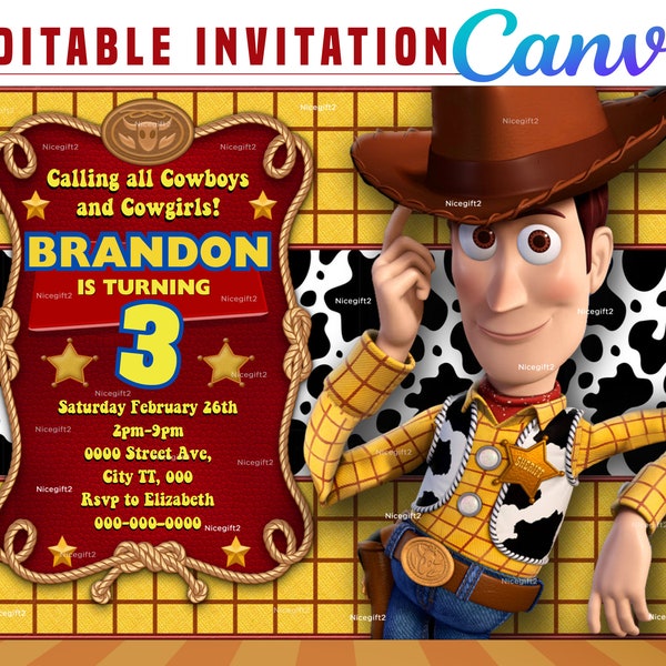 Invitación de cumpleaños digital de fiesta de vaqueros de Woody EDITABLE en CANVA, invitación de fiesta de vaqueros de Woody Canva, descarga instantánea, diseño Nuevo 2023