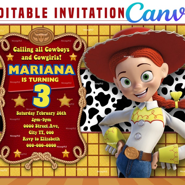 Jessie Cowgirl party digital birthday invitation EDITABLE on CANVA, Jessie Cowgirl party invite Canva, instant download, design New 2023