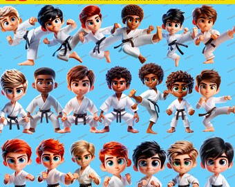 20 Cute chibi KARATE BOYS cartoons clipart, Transparent background PNG, 13" tall - Instant Download for Crafts, Cards, and More!