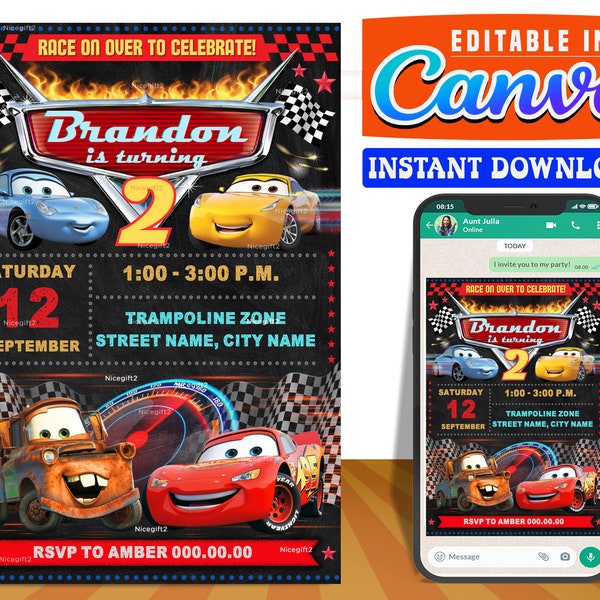 Lightning McQueen party digital birthday invitation EDITABLE on CANVA, Cars party invite Canva, instant download, design New 2023