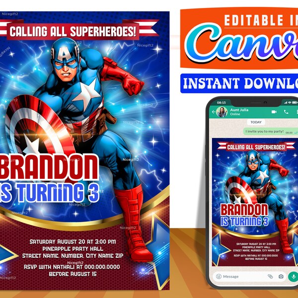 Captain America party digital birthday invitation EDITABLE on CANVA, Captain America party invite Canva, instant download, design New 2023