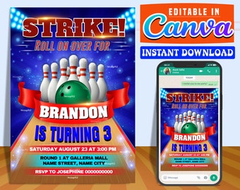 Bowling party digital birthday party invitation EDITABLE on CANVA, Bowling party invitation instant download, design #2, New 2023