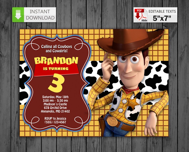 Printable Invitation Woody in PDF With Editable Texts Woody Etsy
