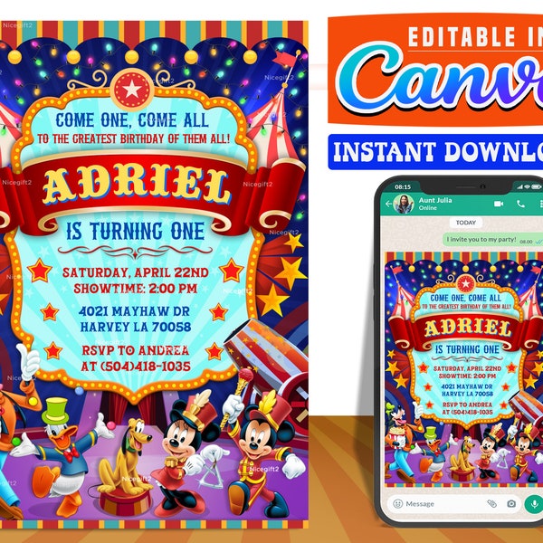 Invitation d'anniversaire numérique MICKEY Circus party Modifiable sur CANVA, Mickey Carnival party invite Canva, téléchargement instantané, design Nouveau 2023