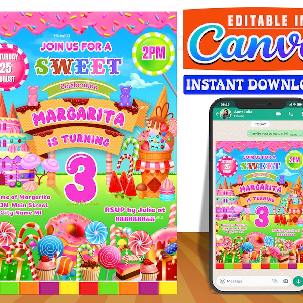 Sweet Candyland party digital birthday party invitation EDITABLE on CANVA, Sweet Candyland invitation instant download, design New 2023