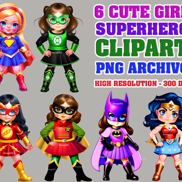 6 Cute Girls Comic Super Heroes, clipart PNG with transparent background, special for mugs, shirts, posters etc, high resolution HD, 300 DPI