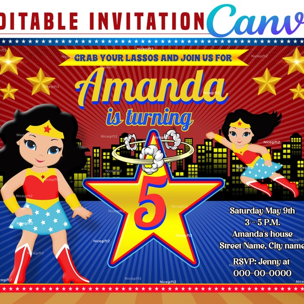 Super hero woman comic digital birthday invitation EDITABLE on CANVA, Super hero woman comic party invite Canva, instant download, New 2023