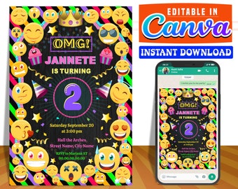 Emoji party digital birthday party invitation EDITABLE on CANVA, Emoji invitation instant download, design New 2023