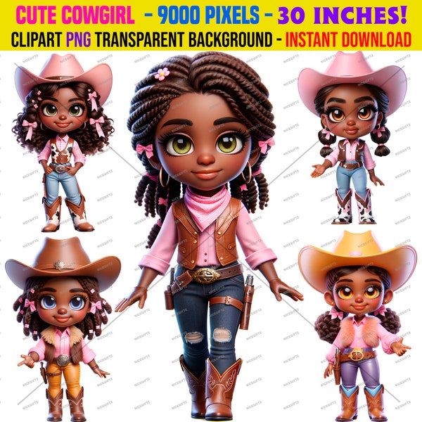 5 Cute African American Cowgirl, PNG transparent background, 30", 300 Dpi, Instant download, Use them in prints, sticker, mugs, frames, etc