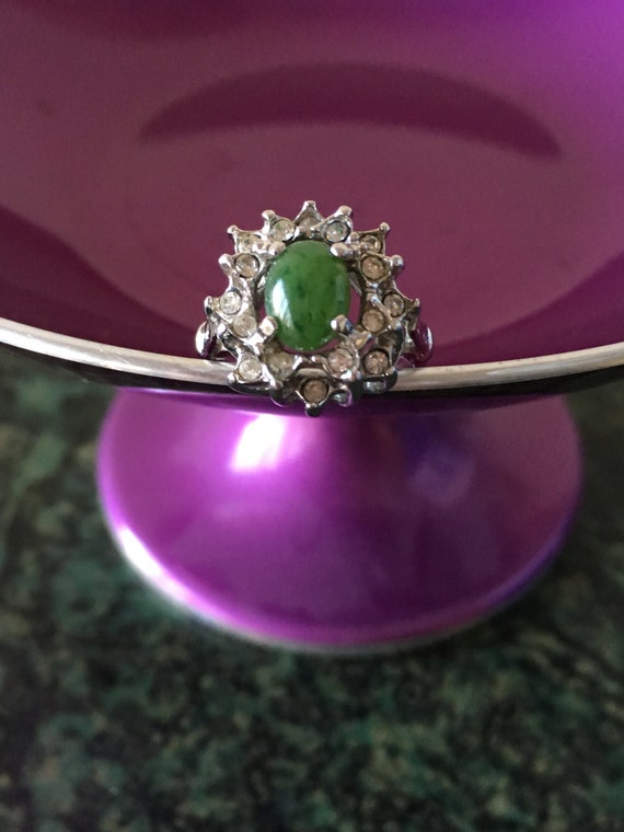 Vintage Rhinestone Ring with Green Cabochon Stone,