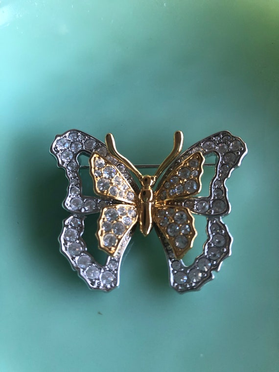 Vintage Nolan Miller Butterfly Crystal Brooch, Go… - image 1