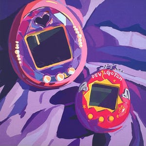 May include: An illustration of two digital pet devices. The larger device is pink with a heart-shaped frame around the screen. The smaller red device features bat-like wings and the text DEVILGOTCH printed in white above the screen.
