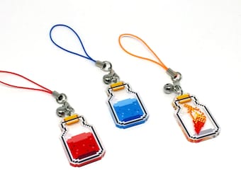 RPG Item Clear Acrylic Charm | phone charm, video game charm, gamer charm, pixel charm, health potion, mana potion, phoenix down