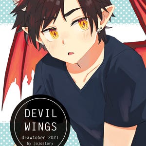 May include: Digital illustration of a character with dark hair, yellow eyes, and devil horns and wings. The character wears a black shirt and has a surprised expression. A circular graphic reads "DEVIL WINGS" and "drawtober 2021 by jojostory".