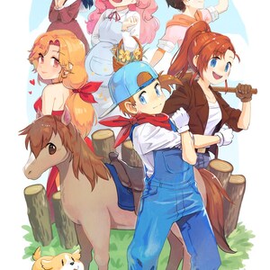 Pode incluir: Uma ilustração digital apresentando um grupo de personagens em estilo anime, incluindo uma figura central com jardineiras azuis e boné, um cavalo castanho, um cão pequeno e vários outros indivíduos com cores de cabelo variadas num fundo claro.