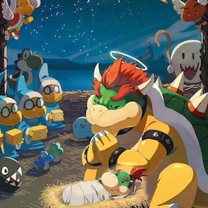 A Super Mario Silent Night | bowser, video game poster, anime poster, gamer decor, christmas poster, christmas art, holiday art, nativity